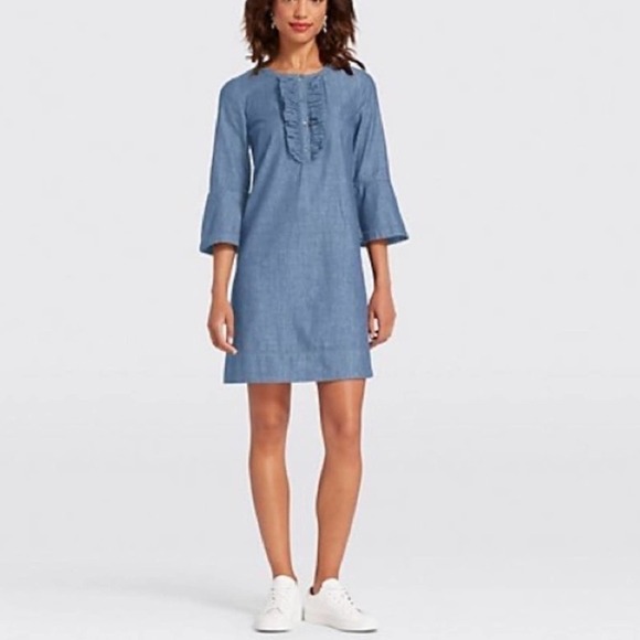 Draper James cotton chambray ruffle shift dress with bell sleeves size 0 - Picture 2 of 7